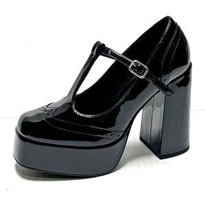 New Womens Black Patent Mary Jane Retro T-Strap Platform School Girl Pumps